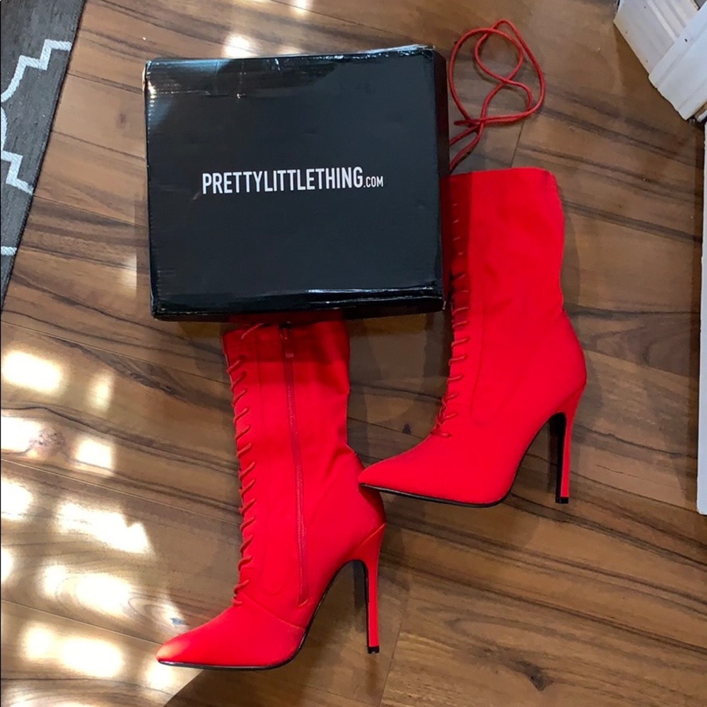 Pretty Little Thing Red lace up sock boots